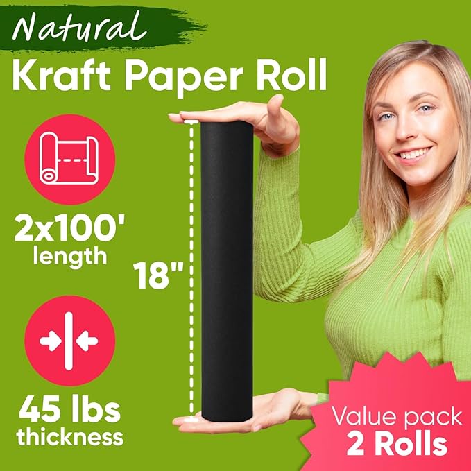 18" x 1200" (100 ft) Black Kraft Paper Roll (Value Pack of 2), 45 lbs Thickness, Made in USA Colored Craft Paper for School, Bulletin Board - Odorless, Non-Toxic, Safe for Kids