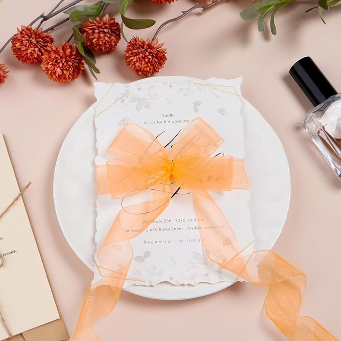 Orange Ribbon for Gift Wrapping 3/8 inch Sheer Organza Ribbon for Flower Bouquet Tulle Chiffon Ribbons for Wedding Invitations Christmas Halloween Decorations Crafts 50 Yards