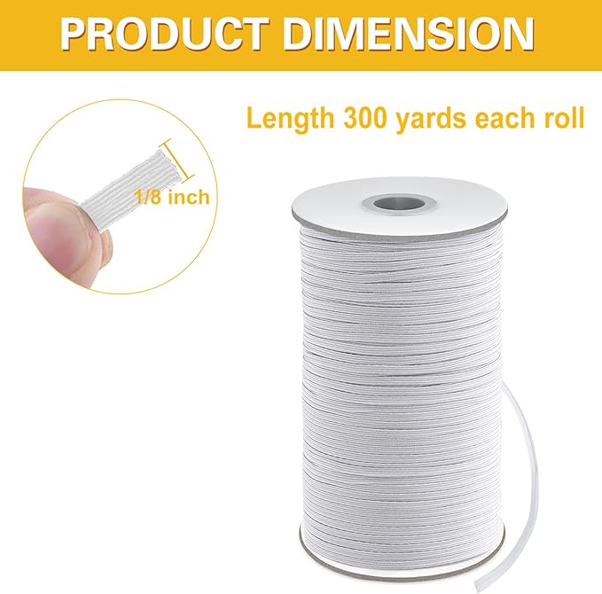 Coopay 300 Yards Length 1/8" Width Elastic Bands Flat Elastic Cord Rope Heavy Stretch Spool Knit for Sewing DIY Projects, Arts & Crafts (White, 1/8 Inch)