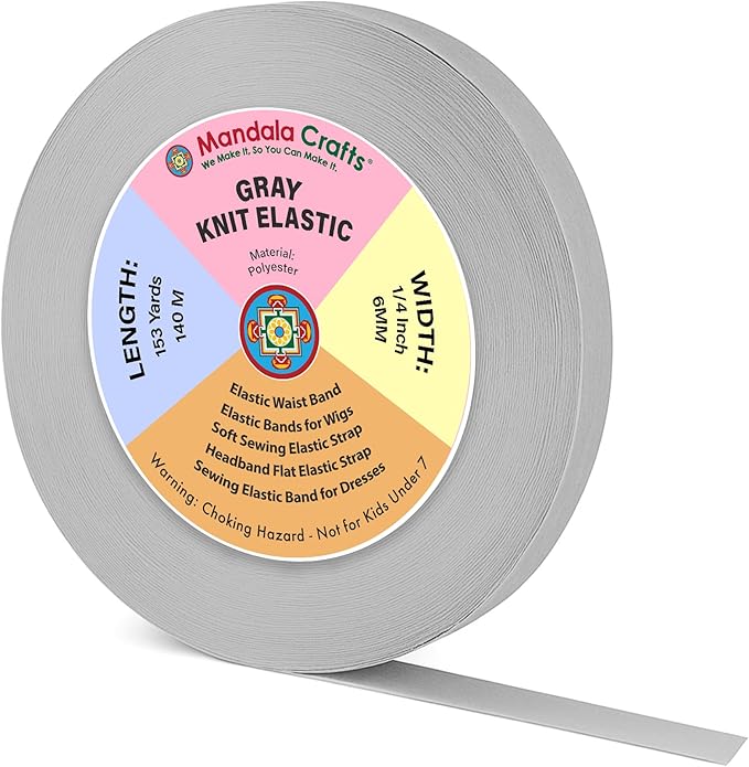 Mandala Crafts Wide 1/4 Inch Gray Elastic Bands Spool for Pants Waistbands Sewing and DIY Crafts, 153 YD Stretchy Flat Fabric Strap Knit Elastic Band for Wig