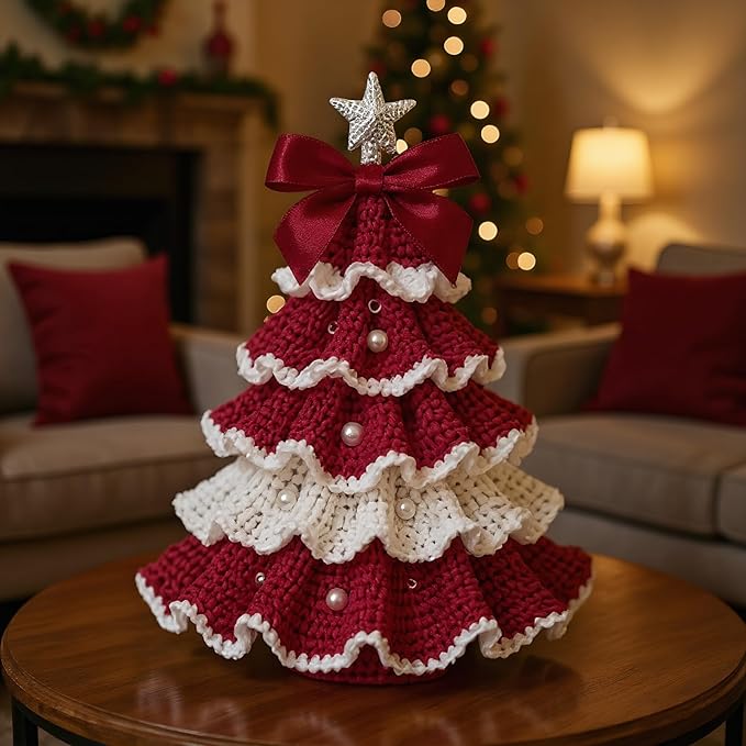 DIY Crochet Christmas Tree Kit – Handmade Holiday Decoration Set,Parent-child activities craft kit,Tree Bow Pearl Embellishment,Cross-stitch by hand,Festive decorations (Multicolour) (Red & White)