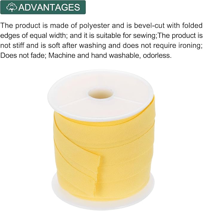 MECCANIXITY 1 Inch Single Fold Bias Tape Cotton Continuous Bulk Bias Tape for Sewing,Seaming Quilting Hemming Binding Crafts (Lemon Yellow 10 Yards)