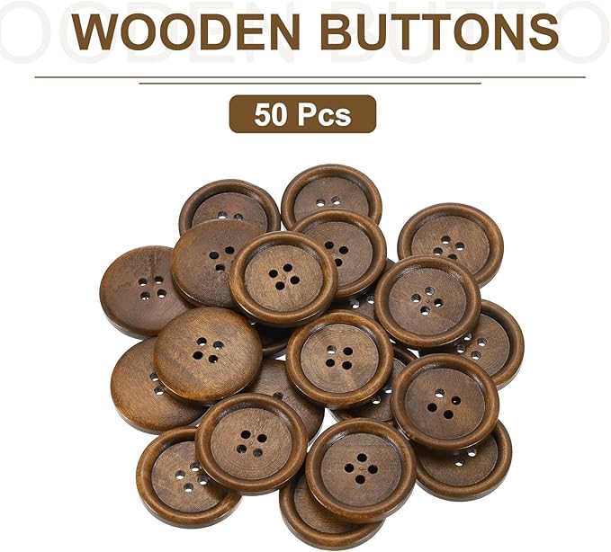 uxcell 50Pcs Wooden Buttons, 30mm(1 3/16") 4 Hole Round Wood Sewing Button Craft Flatback for Sewing DIY Craft Clothing, Brown