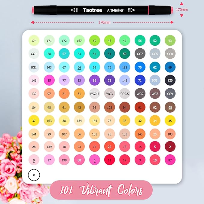 Taotree Alcohol Markers, 101 Colors Dual Tips Art Markers Pens Set, Chisel & Fine Sketch Pens, Art Supplies Kit for Artist Adult Coloring Books Colors, Painting, Drawing, Blending and Sketching