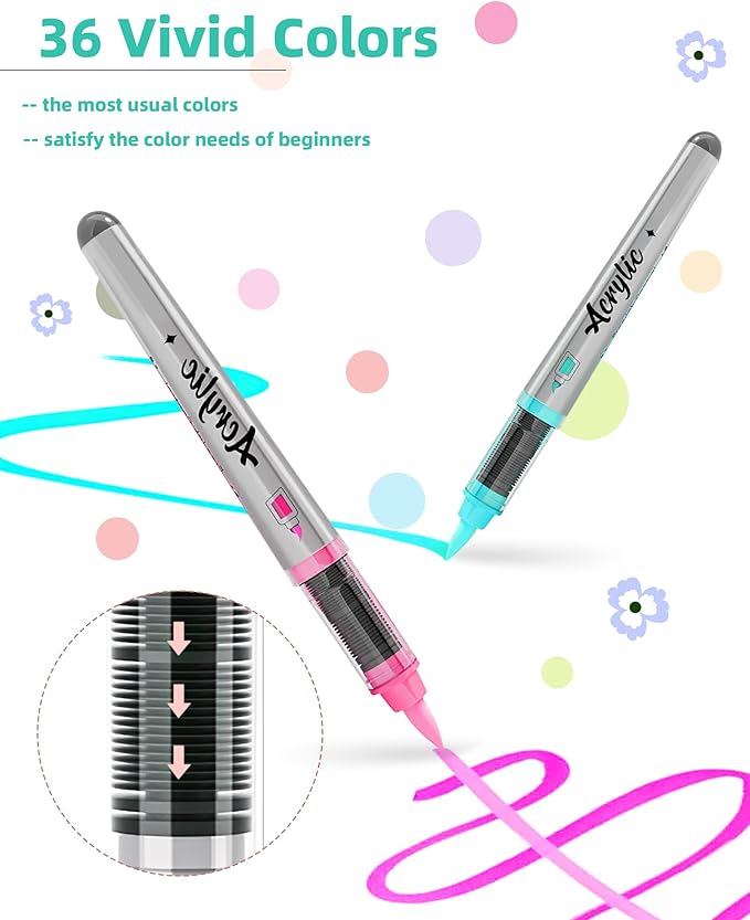Woomer Gel Ink Acrylic Paint Marker: Single-color Available, Durable Brush Tips, Direct Liquid Acrylic Markers for Rock Fabric Glass Egg DIY Crafts, Waterbased & Waterproof after Dry, 36 Colors