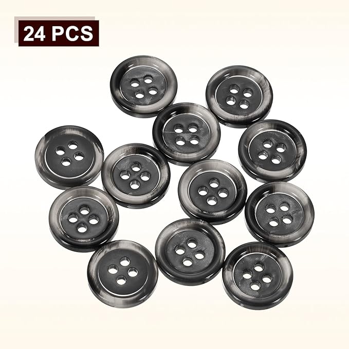 HARFINGTON 24pcs Sewing Button 15mm (5/8") 4 Holes Resin Round Buttons Craft Sewing Accessories for Clothing DIY Crafts Decoration, Black-Grey