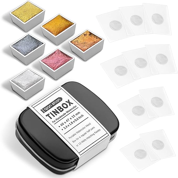 qianshan Mini Portable Handmade Artist Watercolor Paint Travel Tin Box Set with 6 Metallic Pearlescent Glitter Solid Watercolor Half Pans Sparkle Professional Watercolor.Gold