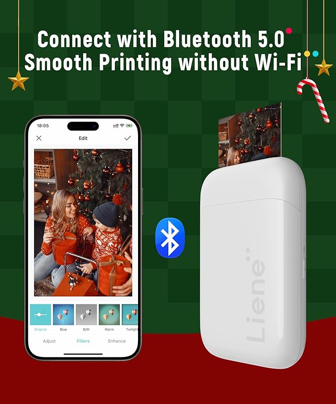 Liene 2x3” Photo Printer, Mini Picture Printer w/ 10 Zink Adhesive Paper, Bluetooth 5.0, Compatible w/iOS & Android, Portable Color Mono Instant Sticker Printer for iPhone, Smartphone, Pearl White