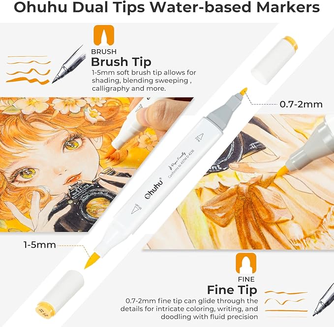 Ohuhu Markers Paper-friendly No Peeling Water-based 60 Colors Dual Brush Fine Tips Coloring Markers for Adult Coloring Books No Bleeding Drawing Pens for Kids Adults Beginner Calligraphy