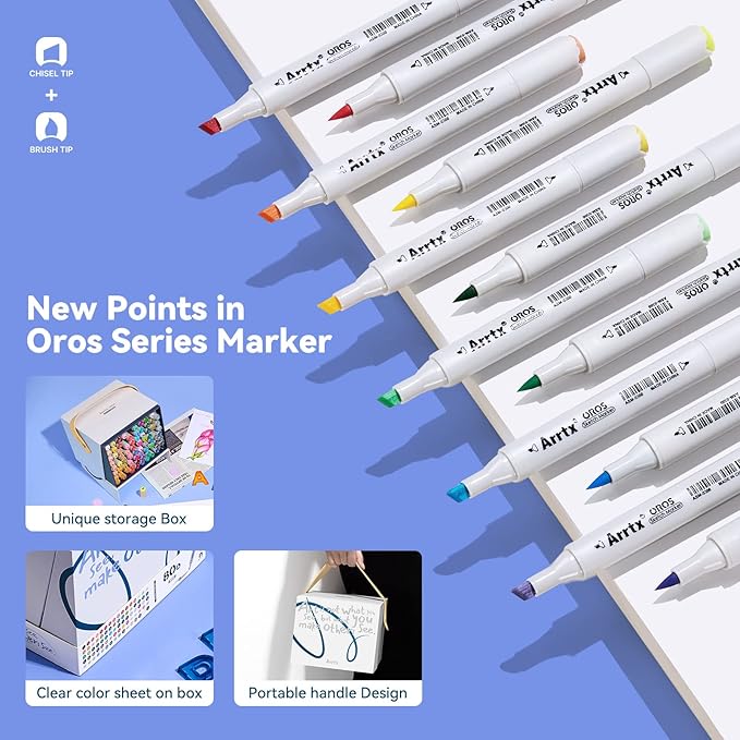 Arrtx Alcohol Markers OROS 80 Colors,Brush and Chisel Tip,Art Alcohol Markers Set for Artists Adult Coloring Sketch Illustration