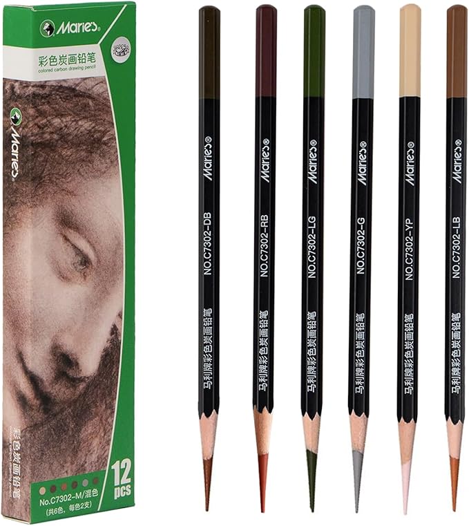 Marie's Colored Charcoal Pencils Set, 6 Colors 12 Pieces, Pastel Chalk Pencils for Drawing, Sketching, Coloring & Shading, Art Supplies for Adult Artists