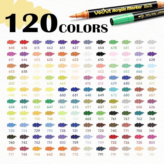 120 Colors Acrylic Paint Markers - 60 Dual Tip Brush Tip Acrylic Paint Markers Pens for Rock, Canvas, Ceramic, Wood, Glass, Paper - DIY Art Supplies for Artists, Kids, Adults, Holiday Decorations