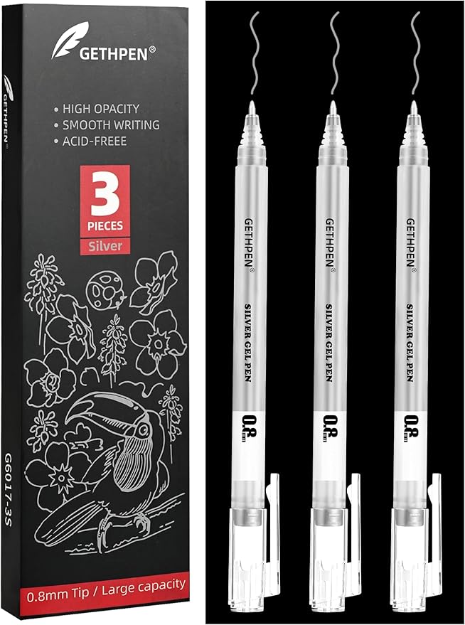 Silver Gel Pens, 0.8mm Fine Point Gel Ink Pen Set for Artists – Opaque Archival Ink for Black Paper Drawing, Card Making, Journaling Pack of 3