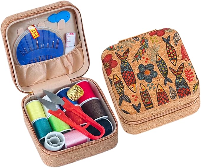 Sewing Box,Portable Travel Sewing Kit ，Vintage Soft Wood Print Sewing Kit,Mini Sewing Kits Storage Box,with 11 Color Thread, Scissors, Needles, Tape Measure and Other Accessories (Fantasy Fish)