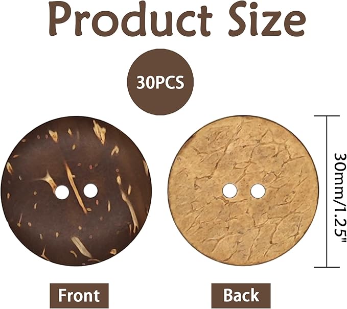 30-Pcs 1-1/4" Big Natural Coconut Shell Buttons | Bulk Brown Wooden Sewing Replacement Buttons for Sewing Crafts Clothes Decorations (30mm)