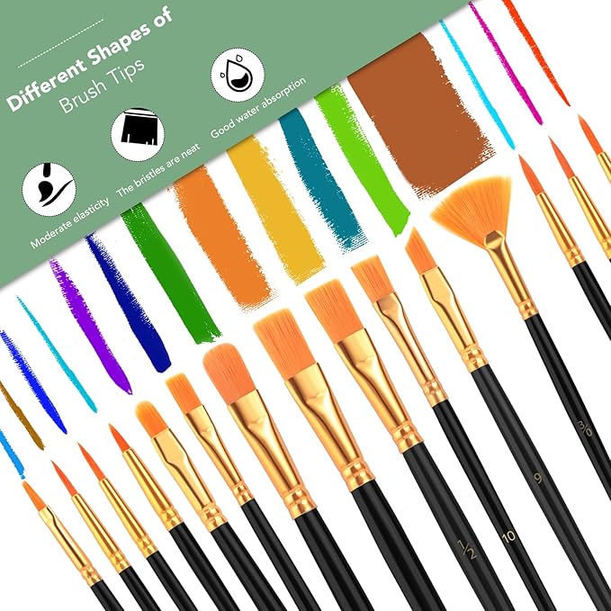 AROIC Acrylic Paint Brush Set,16 pack/240pcs Nylon Hair Oil Watercolor Rock Face Painting Artist Painting Brushes, 15 Sizes Paint Brush Set for All Purposes Kids Adult Arts Painting Brush Supplies.