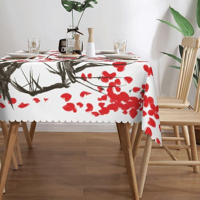 Japanese Cherry Rectangle Tablecloth Ink Painting Flower Blossom Cherry Red Table Cloth Dining Table Cover for Home Kitchen Restaurant Party Buffet Picnic 54 x 72 Inch