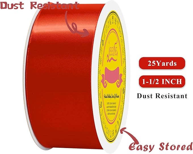 Double Face Red Satin Ribbon 1-1/2 inch X 25 Yards Polyester Red Ribbon for Gift Wrapping Very Suitable for Weddings Party Hair Bow Invitation Decorations and More