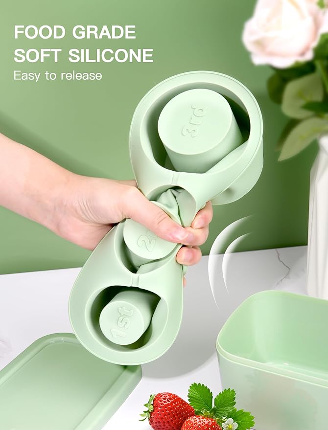Ice Cube Tray for Tumbler Cup 30Oz-40Oz, 3 Pcs Silicone Cylinder Ice Mold with Lid and Bin for Freezer, Easy Fill and Release Ice Maker for Whiskey, Cocktail BPA-Free (Green, 40Oz-Type1)