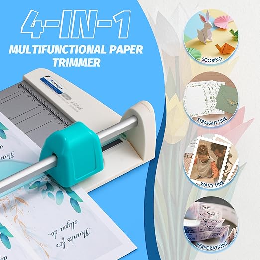 4-in-1 Portable Rotary Paper Cutter for Crafting, 12 Inch Cutting Length with Straight, Perforating, Wavy& Folding, Multifunctional Rotary Paper Trimmer for Cardstock, Craft Paper and Photos