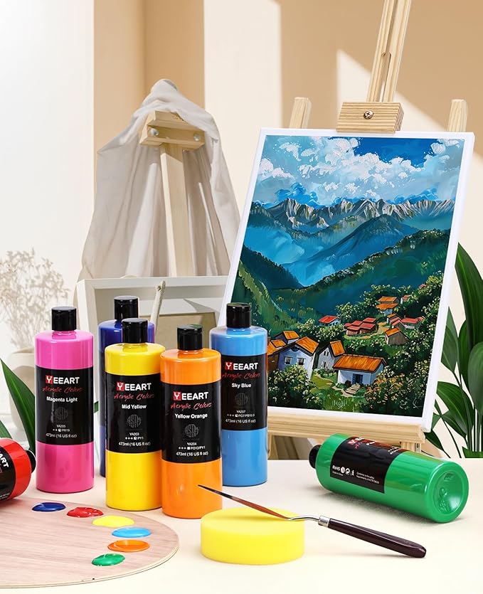 Acrylic Paint Set, 12 Colors Acrylic Paint Large Bottle Set, 16OZ Each, Rich Pigmented Canvas Paint, Premium Non-toxic Paints for Artists, Paint Set for Adults, Art Supplies for Canvas
