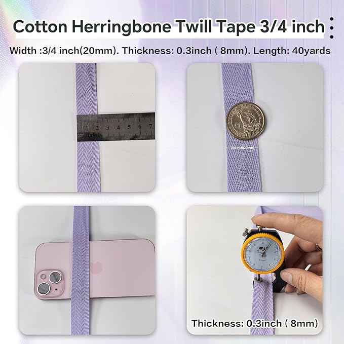 Lavender Twill Tape Ribbon 3/4 Inch - 40 Yards Light Herringbone Cotton Webbing Straps- Bias Binding Tape for Sewing, Ties, Tags, DIY Projects, Hoodie, Gift Wrapping and Home Decor
