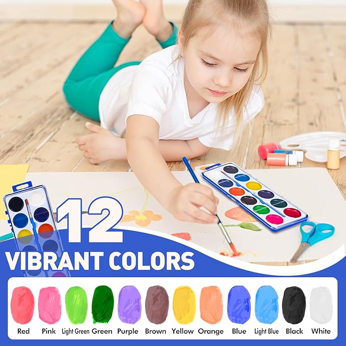 24 Pack Watercolor Paint Set Kids, 12 Colors Water color paint sets for kids with Paint Brush, Kids Watercolors Paint Set for Party Favor, Classroom.