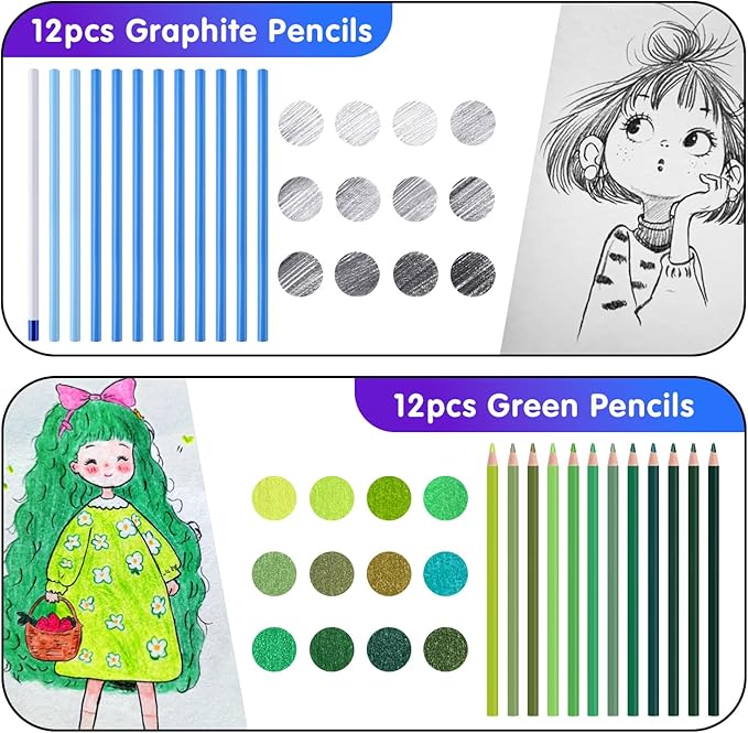 Mifuner Professional Drawing Set, 12 Colored Pencils & 12 Graphite Pencils with Eraser & Case, Art Supplies for Sketching Shading Blending, Gifts for Artists Adults Beginners.Green Black