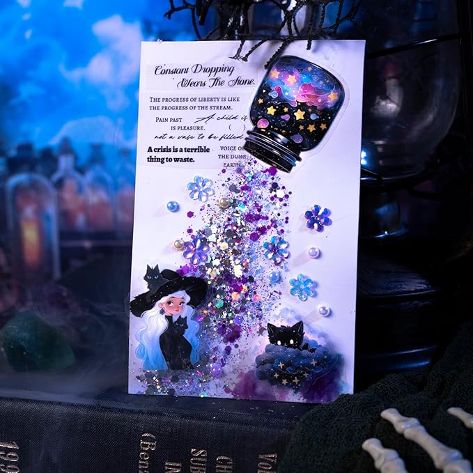 200Pcs Magic Witch PET Sticker Set, Fantasy Witchcore Scrapbook Stickers for Journaling, DIY Crafts, Planner & Collage Decoration in Tin Box