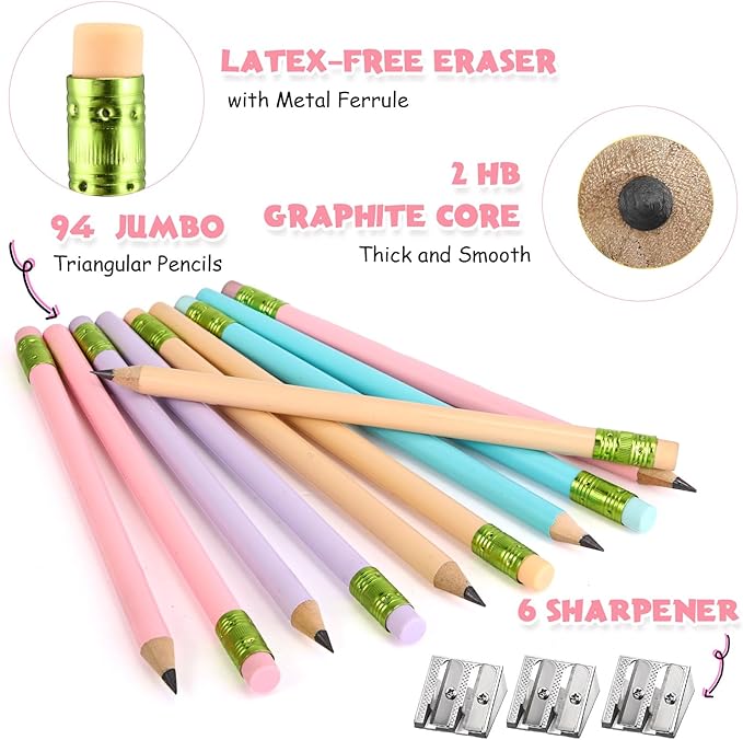 Fainne 102 Pcs Bulk Thick Jumbo Graphite Pencils Set 96 Fat Giant Large Pencils and 6 Sharpeners Enhanced Grip for Art Drafting Writing Drawing Office and Home Use(Macaron Colors,Round)