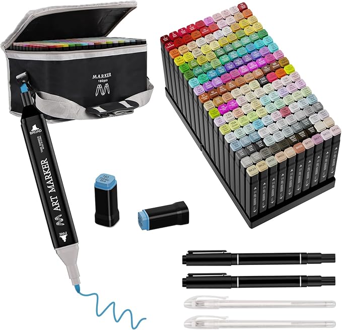 Alcohol Markers, 180 Colors Dual Tip Art Markers, Alcohol Based Markers for Kids Sketching Adult Coloring, Permanent Drawing Markers with Case and Holders