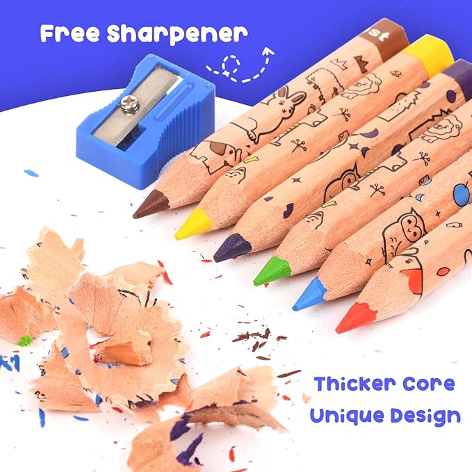 ThEast 24 Short Jumbo Colored Pencils, Cute Animal Pencils for Kids ages 3-12, Hexagonal Thick Pencils with Sharpener, Toddler Coloring Pencils Set, Pre-Sharpened(2 Sets of 12)