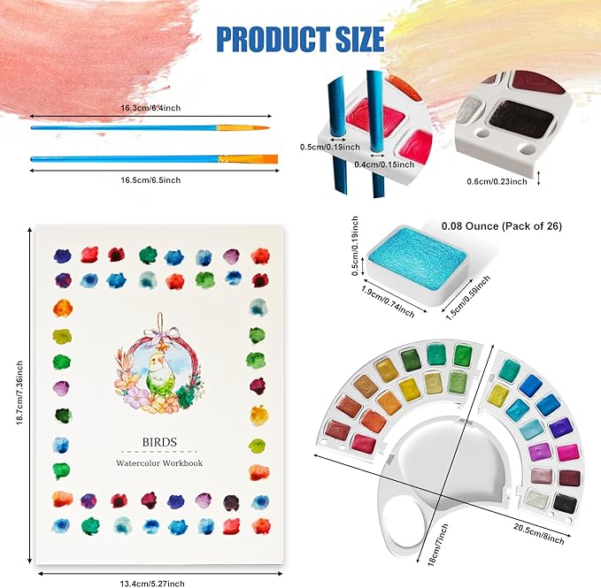 Watercolor Workbook, Water Coloring Book with 13 Pages 300GSM Paper, 26 Colors Watercolor Paint Set with Brush & Storage Bag, Beginner-Friendly Coloring Book for Adults - Birds Theme Art Kit