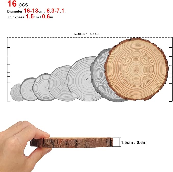 16 PCS Unfinished Wood Slices for Centerpieces, 6.3-7 Inch Natural Wood Slices with Tree Bark Pine and Wood Rounds Discs for DIY Crafts, Centerpieces, Art & Decor
