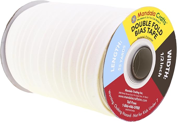 Mandala Crafts 55 Yards 1/2 Inch Ivory Double Fold Bias Tape for Sewing - Bias Binding Tape for Quilting Binding, Hemming, Seam, and Fabric Piping