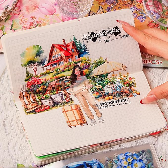 MAFELOE 30 Pages PET Scrapbook Stickers of Creative Flowers Theme, Aesthetic Deco Journaling Supplies for Junk Bullet Diary Album Calendars-Orange (Y3-P-WSSL)