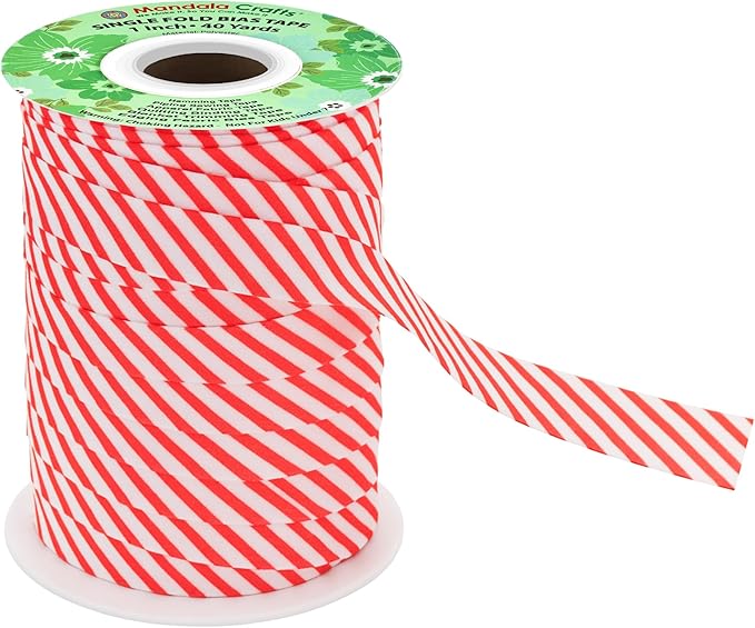 Mandala Crafts 1 Inch Single Fold Bias Tape for Sewing, Quilting, Piping, Hemming, Blanket & Quilt Binding – 40 Yards Candy Cane Fabric Seam Binding Tape