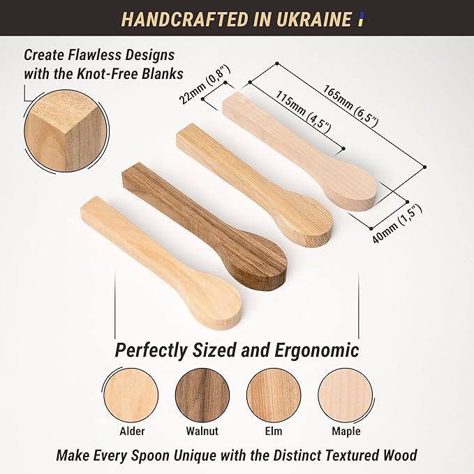 BeaverCraft Wood Carving Spoon Blanks Kit BB3 - Wooden Blank for Spoon Carving - Whittling Wood - Soft Blocks Set for Hobby - Unfinished Wooden Blanks 4 pcs Alder, Walnut, Elm, Maple