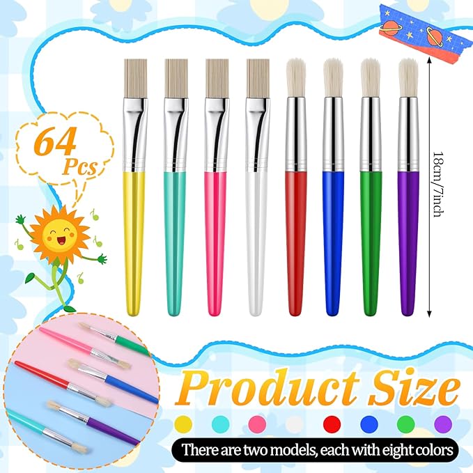 64 Pcs Paint Brushes, Colorful Round and Flat Paint Brushes, Round/Flat Large Painting Brush, Washable, Easy Clean and Hold, for Beginners, Enthusiasts, Acrylic Oil Watercolor Gouache