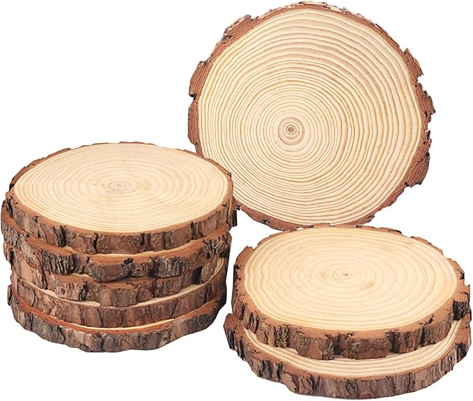 8 PCS 7-8 Inch Natural Wood Slices, Unfinished Pine Wood Circles with Barks for Coasters, DIY Crafts, Christmas Rustic Wedding Ornaments and Centerpieces by GNIEMCKIN