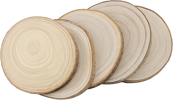 KINJOEK 10 PCS 7-8 Inch Large Natural Wood Slices with Bark, Unfinished Wooden Coasters Circles, Blank Round Wood Ornaments Slices Bulk for Centerpieces Craft Wedding Party Christmas Decor