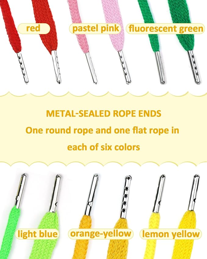 FIVEIZERO 16pcs Drawstring Cord Kit-12pcs Hoodie Strings (Flat & Round,6 Eye-catching Colors) with Drawstring Threader Tools,Bodkin,Rope Threader–Draw String Replacement for Pants,Shorts,Shoes