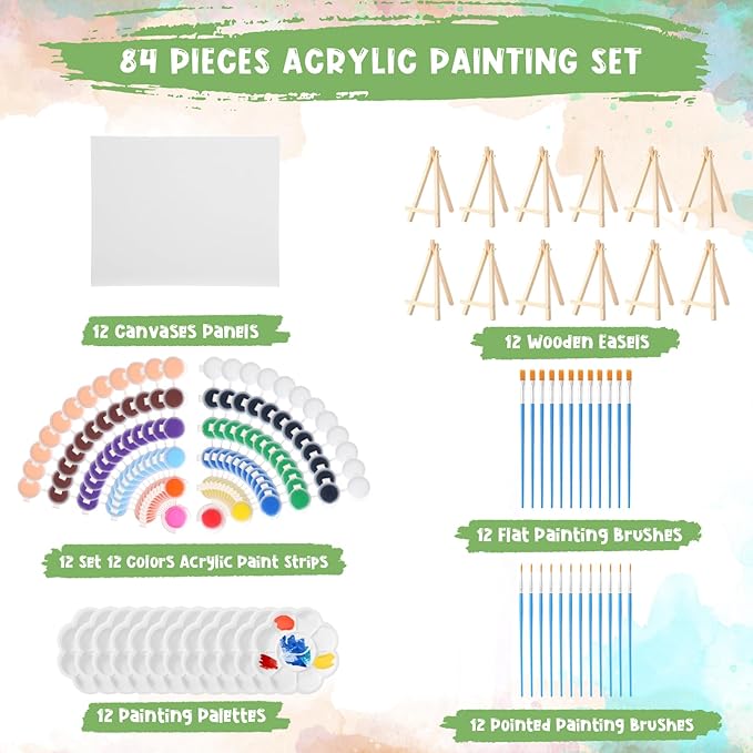 Qilery 12 Set Acrylic Paint Kit Mini Stretched Canvas with Easel, Acrylic Paints Strips, Brushes, Palette, Art Set for Kids Adults Classroom Birthday Party Favors (8 x 10 Inch)