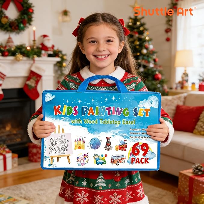 69 Pack Kids Paint Set, Shuttle Art Art Set for Kids with 30 Colors Acrylic Paint, Wood Easel, Canvas, Painting Pad, Brushes, Palette and Smock, Complete Paint Set for Boys and Girls(package may very)
