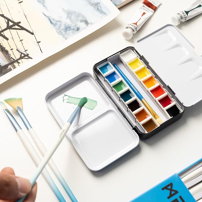 MEEDEN Empty Watercolor Paint Palette: Travel Water Color Palette Tin with 12 Half Pans - Portable Metal Palette Tin Box (Black)