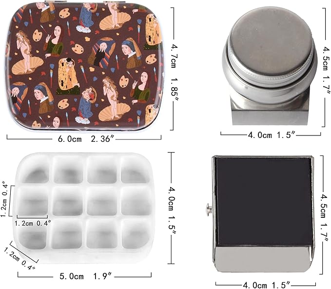 Portable Mini Tin Box,12-Well Empty Watercolor Palette,Small Paint Storage Travel Artist Outdoor Sketch Watercolor Kits with Magnetic Clip and Oil Pot.Famous Painting