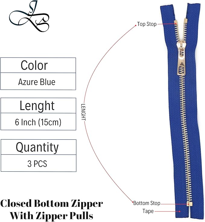 #5 Gold Metal Zipper - 50+ Colors - 3 PCS - (4-14 inches) Sizes - Luxury Lightweight Handcraft Metal Zippers with pulls for Purses Bags Pockets Shoes Sewing & Crafts DIY ZP02416