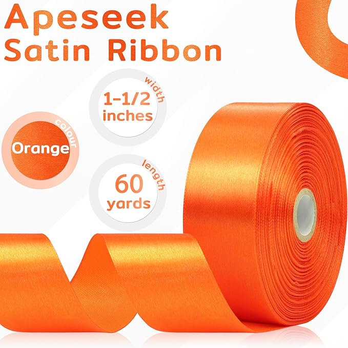 60 Yards Orange Satin Ribbon 1-1/2 Inch, Solid Polyester Fabric Ribbon for Gift Wrapping, Crafts, Flower Bouquet, Wedding, Baby Shower, Festival, Christmas, Halloween
