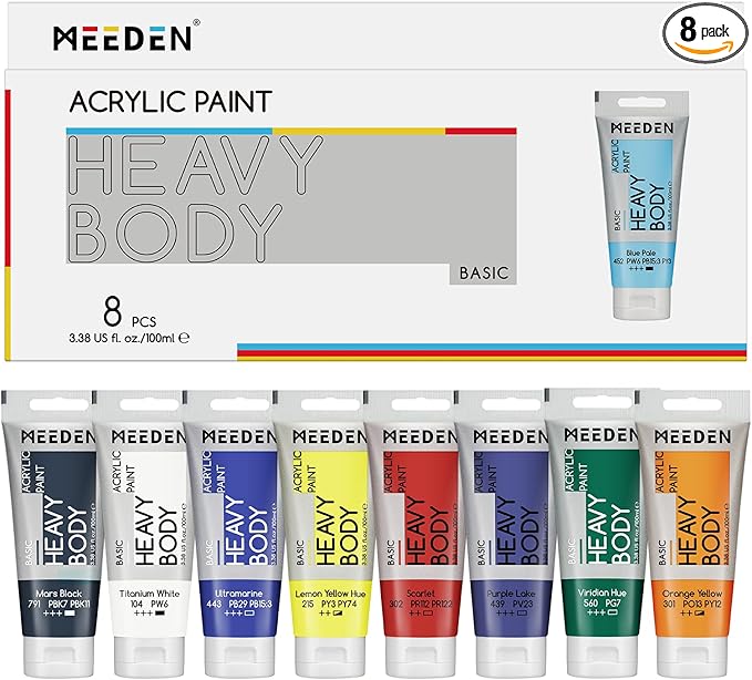 MEEDEN Thick Acrylic Paint Set: Satin Finish Acrylic Paints for Ornaments Painting - 100ml/3.38oz 8 Primary Colors Heavy Body Art Paint Tubes for Christmas Decoration