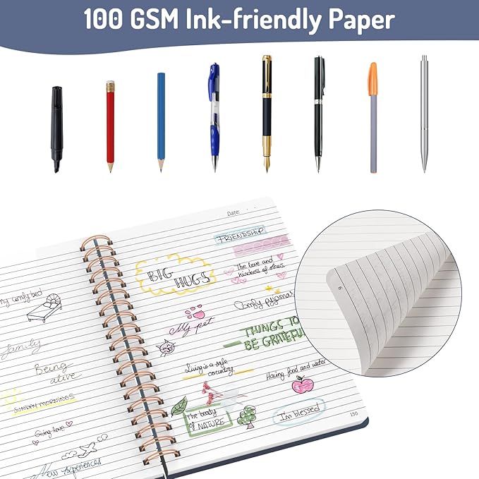 Forvencer A4 Lined Spiral Journal Notebook with 300 Numbered Pages, 11" X 8.5" College Ruled Thick Journals for Writing with 100GSM Paper, Hardcover Notebooks with Contents for Work, School, Navy